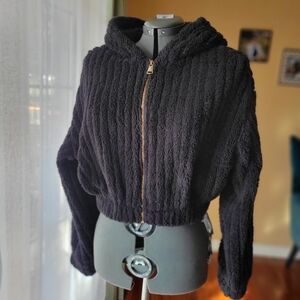 Love Poem Cozy Black Teddy Zip-Up Jacket Oversized Cropped Women's Small